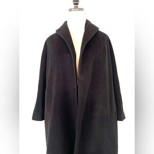 Vintage 50's 60's Long Black Wool Coat Foldover Shawl Collar Open Front